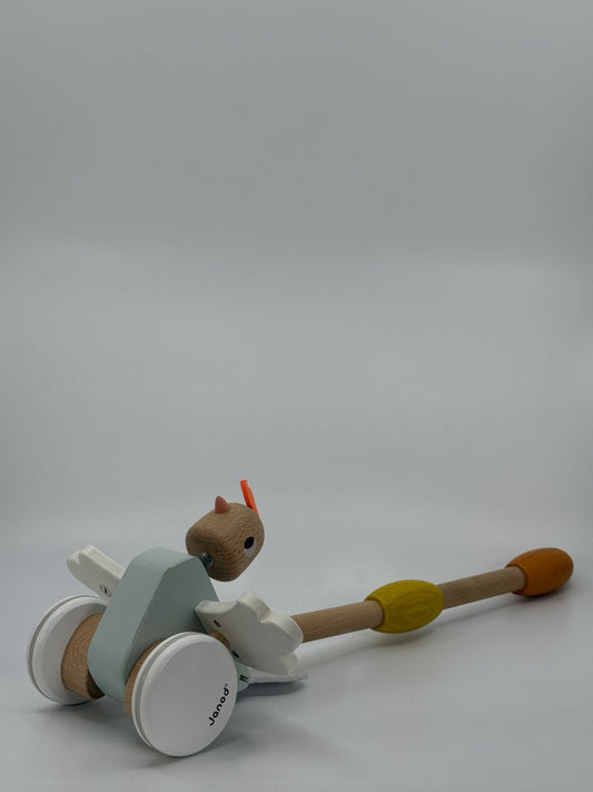 Puidust tõugatav kana mänguasi