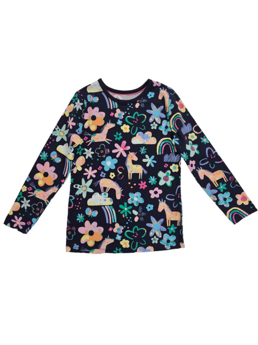 GEORGE Tüdrukute tumesinine lillede ja ükssarvikutega pluus